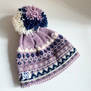 Murray  Merkley Purple Blue Pom Pom Accent Pure Virgin Wool Handmade Hat